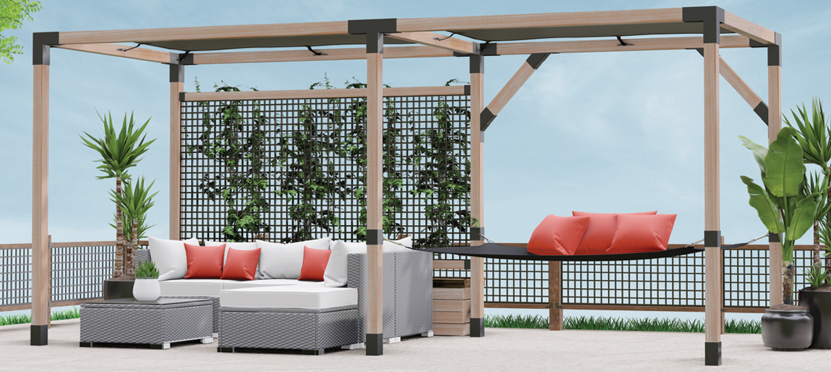 Linx pergola with patio furniture.