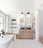 Modern bathroom with wall and ceiling shiplap treatment