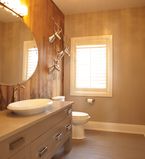 Bathroom with beige walls with white moulding and one wall with a wall of ship lap